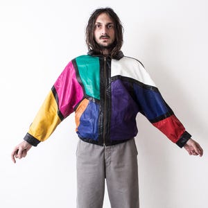 Kriegsman Furs Color Block Lamb Leather Jacket . 1980s Talon Zipper Made In USA Patchwork Designer