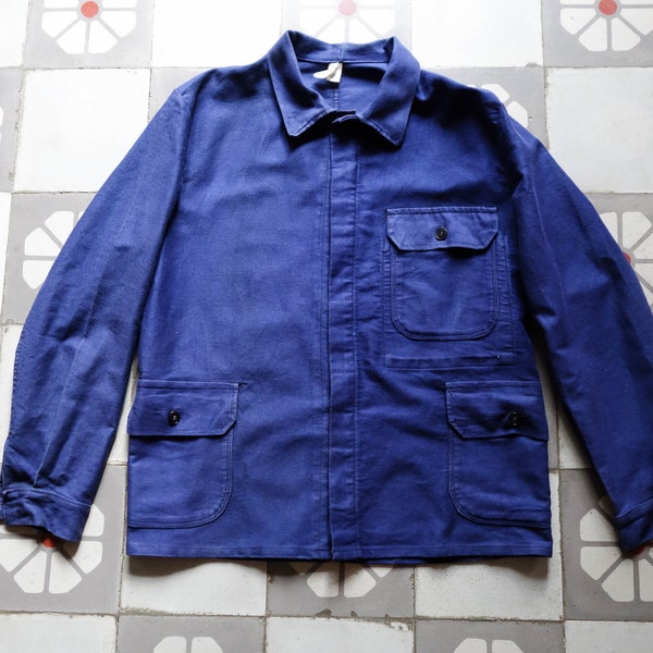 80s MOLESKIN Workwear Jacket . Faded Work Jacket Utility Deep Blue Chore Antique Jacket . Retro French Chore Jacket