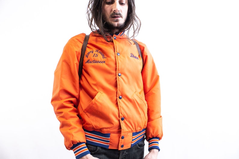 VARSITY Jacket Orange 80s Baseball Jacket . Nylon Starter Jacket Retro Bomber Teddy USA Jacket . Satin Starter jacket University image 5