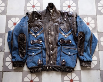 John F gee denim leren jack op maat bezaaid punk. Leren jaren 80 patchwork leren jack western cowboy afneembare mouwen