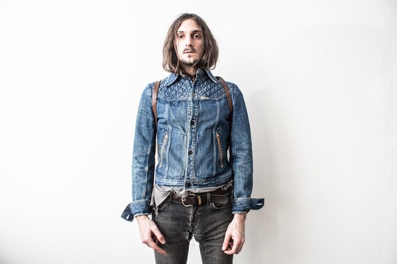 1980s Denim Jacket . Grunge Jeans Jacket . Quilted