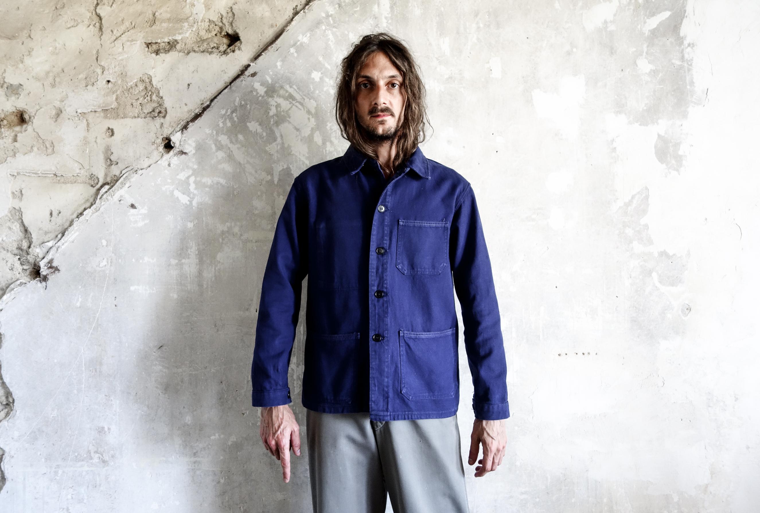 Vintage 1970s Blue French Work Jacket . French Workwear Boro