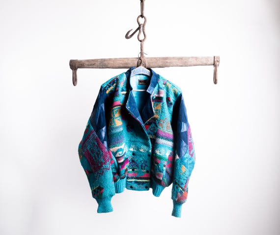 Turquoise Patchwork Tropical Wool Jacket 70s . Ba… - image 4
