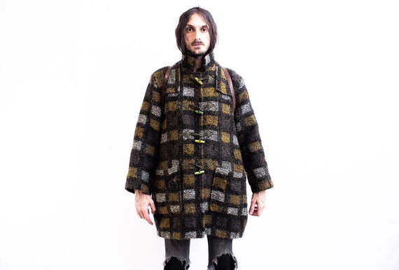 Artisanal Mohair Wool Duffle Coat Checked 80s . Hand Made Winter Jacket OverCoat Boho Fluffy Warm Coat Hand knitted Artisan