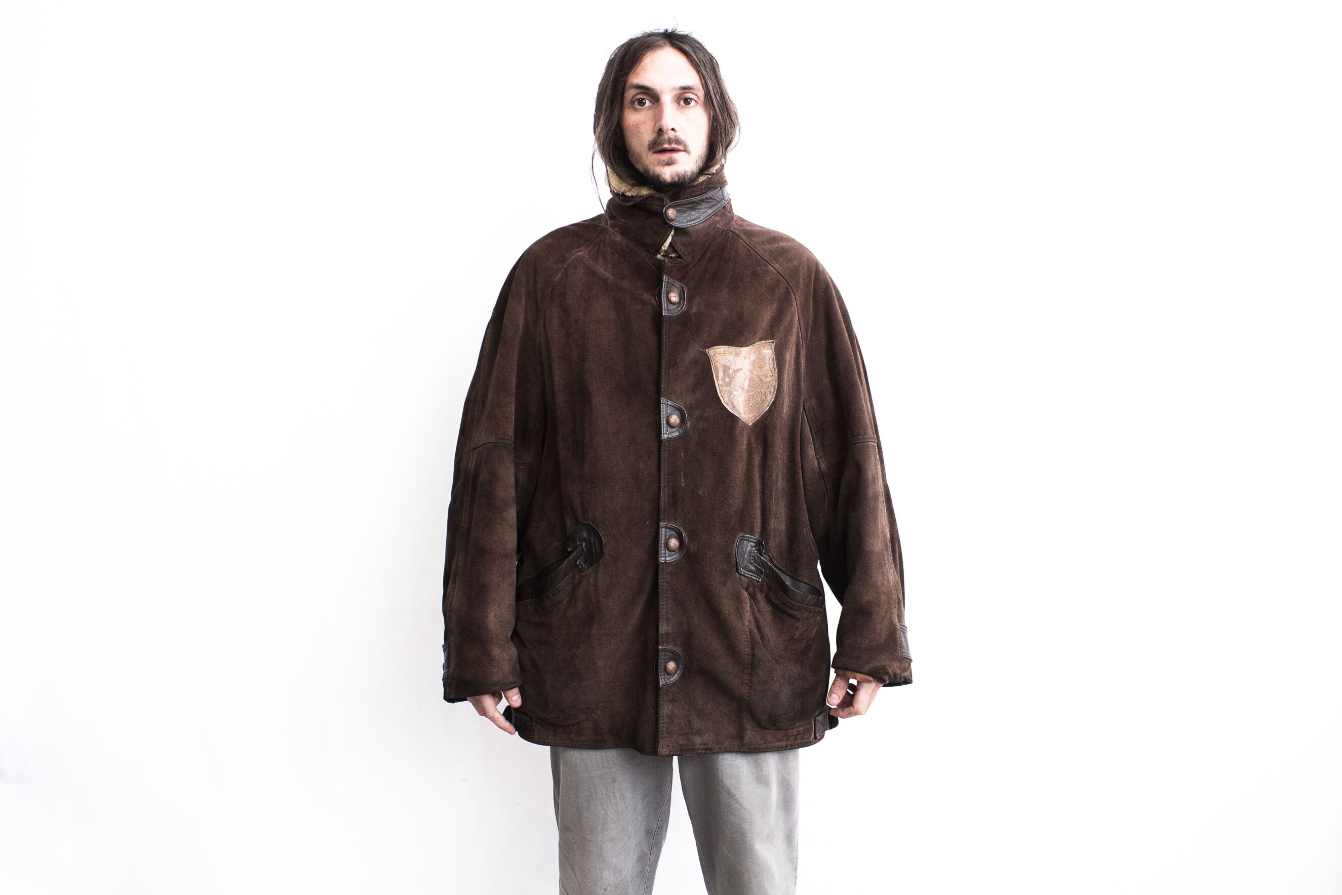 Suede Aviator Coat 1970s . French Vintage Warm Winter Jacket
