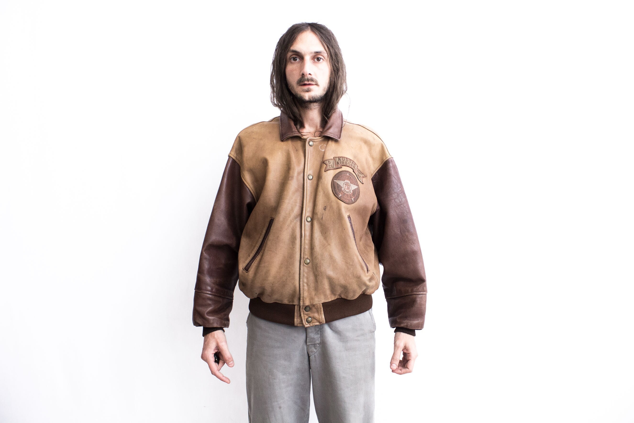 KUDSAK Leather Bomber Two Tone 1980s . French Vintage
