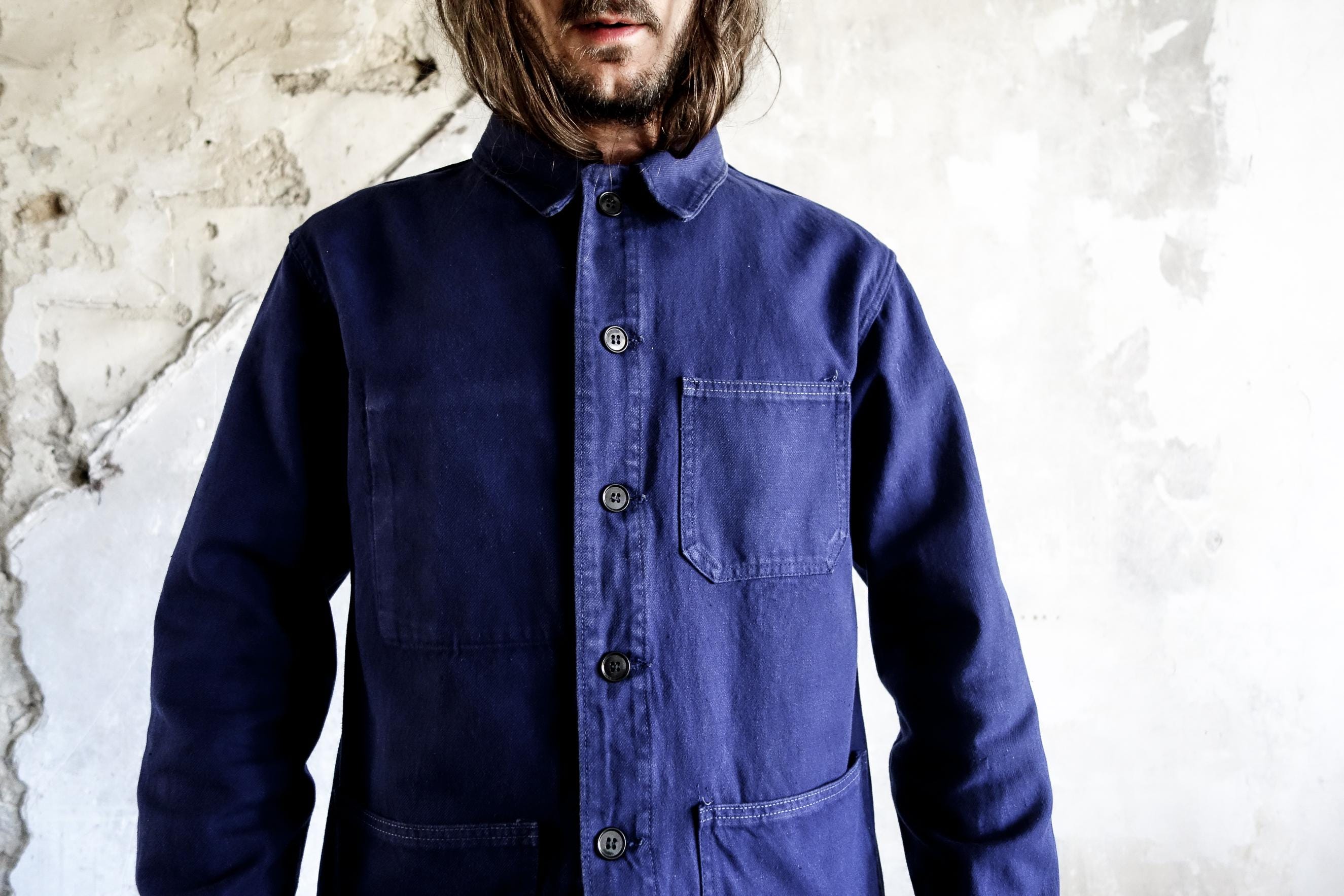 Vintage 1970s Blue French Work Jacket . French Workwear Boro