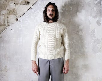 Vintage 1970s Fisherman Sweater . Wool Irish Ribbed Cable Sweater Round Neck . Cream Aran Pull Over Jumper Hand Made