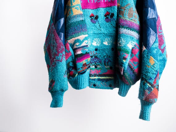 Turquoise Patchwork Tropical Wool Jacket 70s . Ba… - image 6