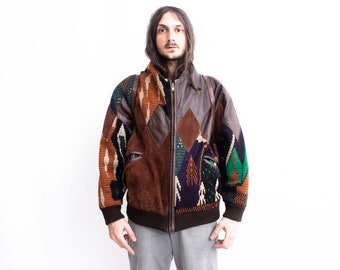 1970s Patchwork Leather Wool Jacket . Suede Boho Bomber Collage Jacket