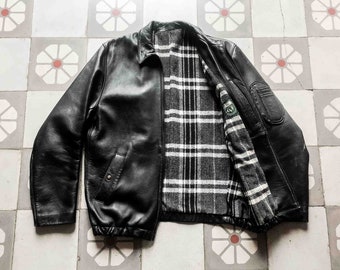 French Pilot Jacket 1980s . Air force Leather Bomber Flight Jacket Black - moto Biker Jacket