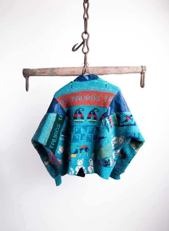 Turquoise Patchwork Tropical Wool Jacket 70s . Ba… - image 14