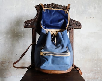 1950s French Scout Backpack . Canvas Light Blue Shoulder Bag Hiking Trekking rucksack