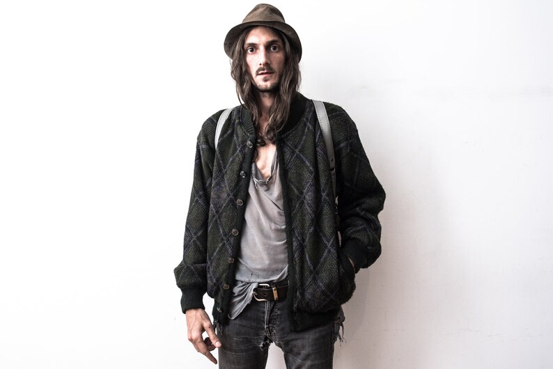 Knitted Jacket 70s patterned Cardigan Bomber Jacket Retro Boho Hippie Woolen Sweater Jacket