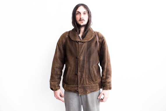 Blouson / Veste en Cuir Vintage Marron effet Usé pour Homme