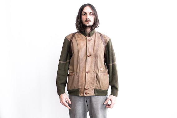 Blouson aviateur CHEVIGNON annees 1980 laine cuir coton cardigan Francais cuir vintage boutons Etsy Canada