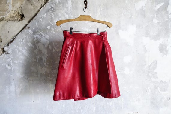 Claude Montana, 80s Claude Montana Lamb Leather Red Skirt . US6 Designer Archive Vintage Wrap Leather Skirt