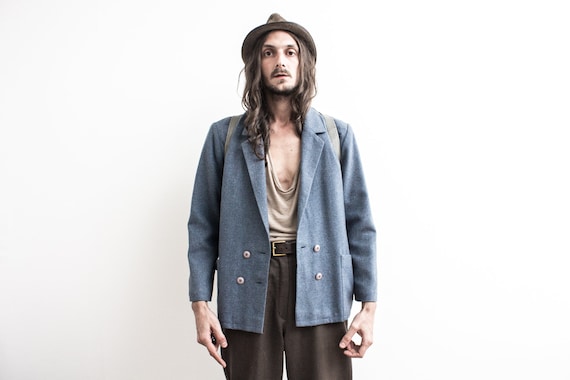 70s blue Blazer Jacket . Woolen Blazer Short Jacke
