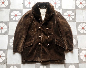 Corduroy 1950s French Barnstormer Jacket Shearling interior .  Old Antique Jacket French Vintage