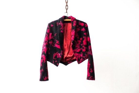 Floral Blazer Jacket . 70s Woolen Pink Black Flowe