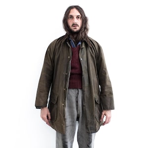 1980s BARBOUR BORDER Green Waxed Jacket . Duster Hunting Jacket Country Outerwear