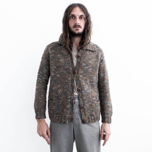 Speckled Cardigan sweater 70s. Mottled Wool Sweater Rustic Cream. Boho Knit Wooden Buttons