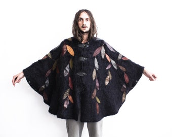 MOHAIR Cape leather Leaf Pattern 1970s . Poncho Cloak Bogo hippie  Sleeveless Jacket Retro