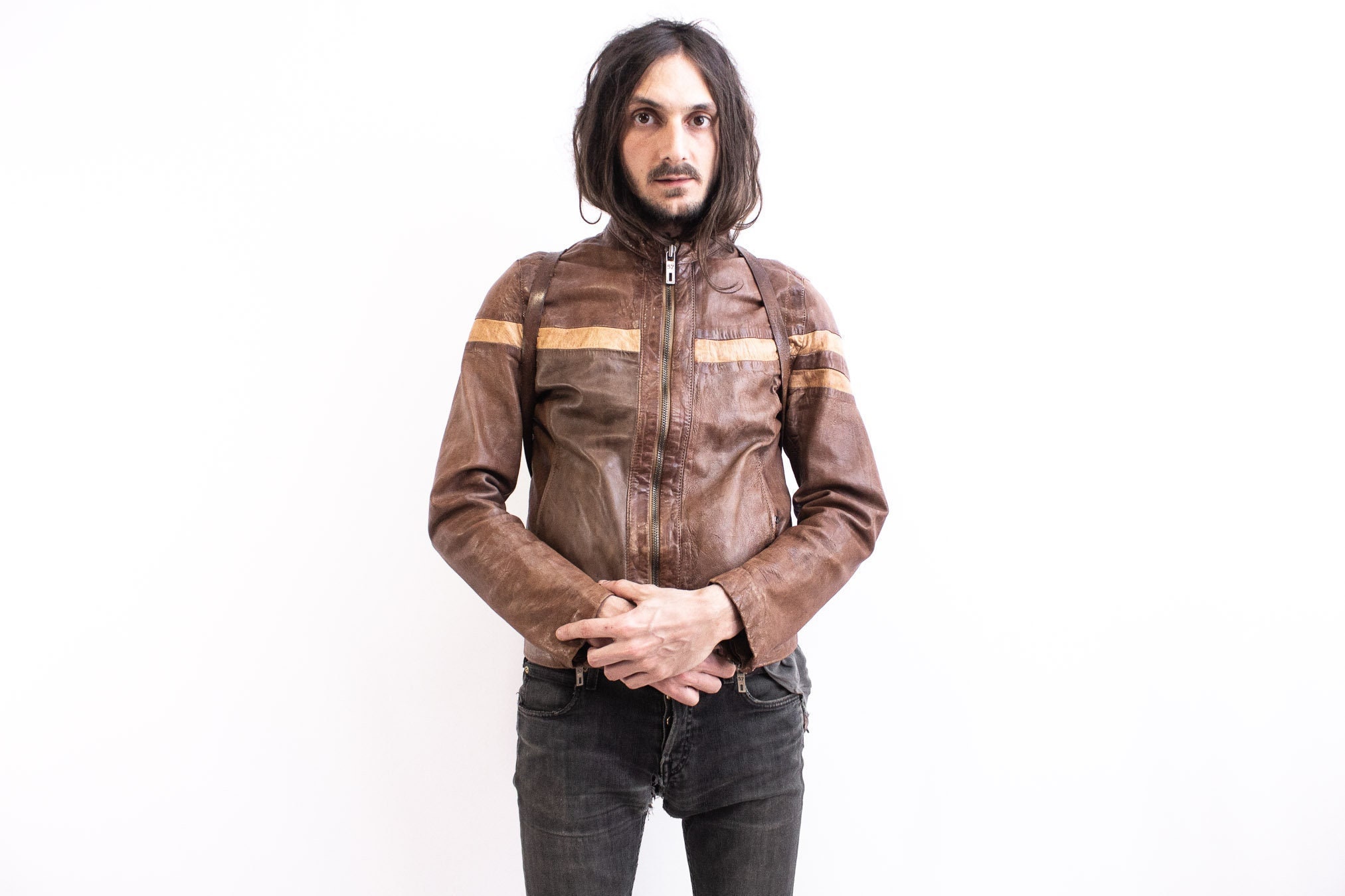 CHEVIGNON Cafe Racer Jacket 80s. Tan Leather Motorcycle