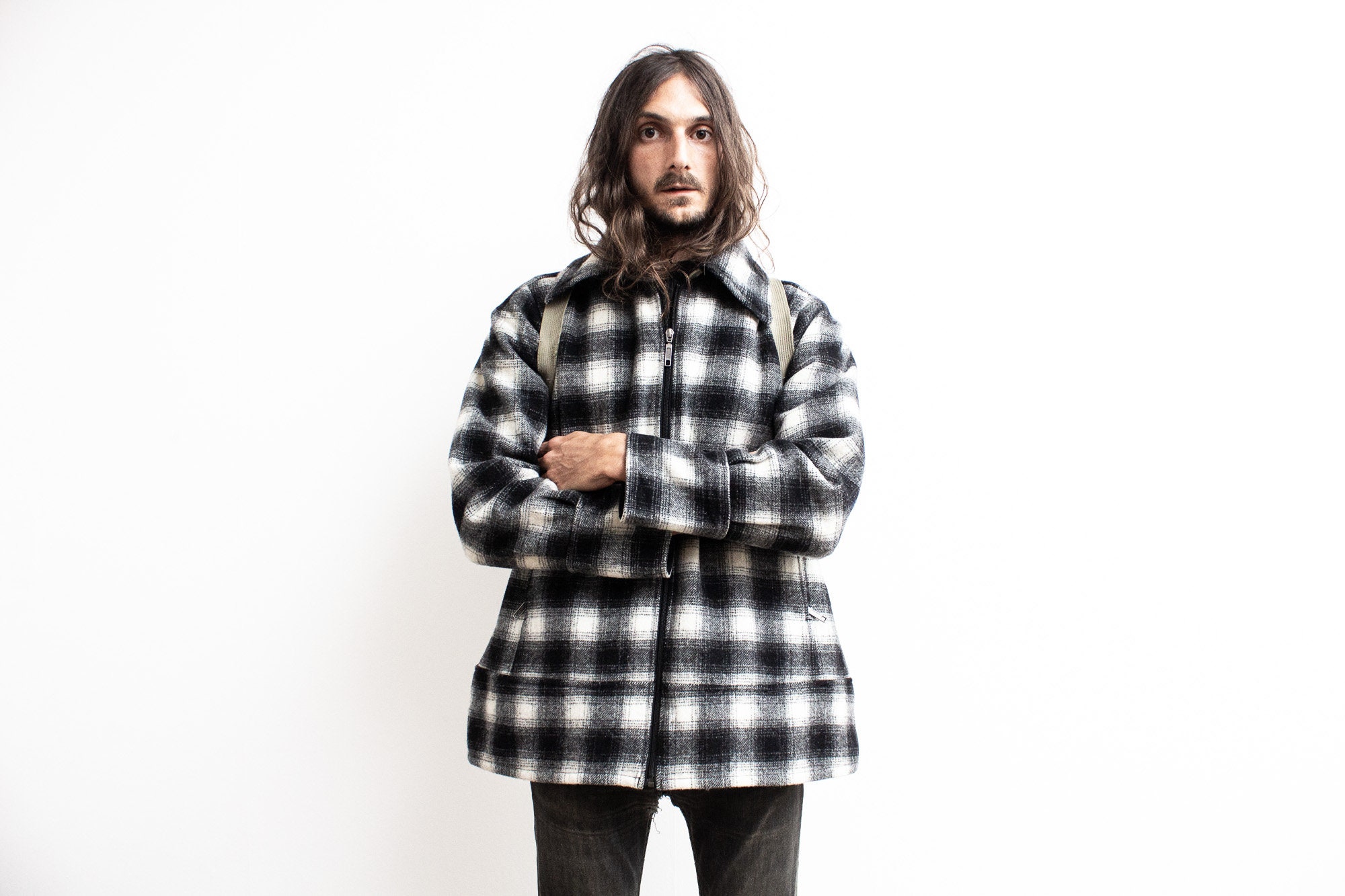 black and white buffalo check coat