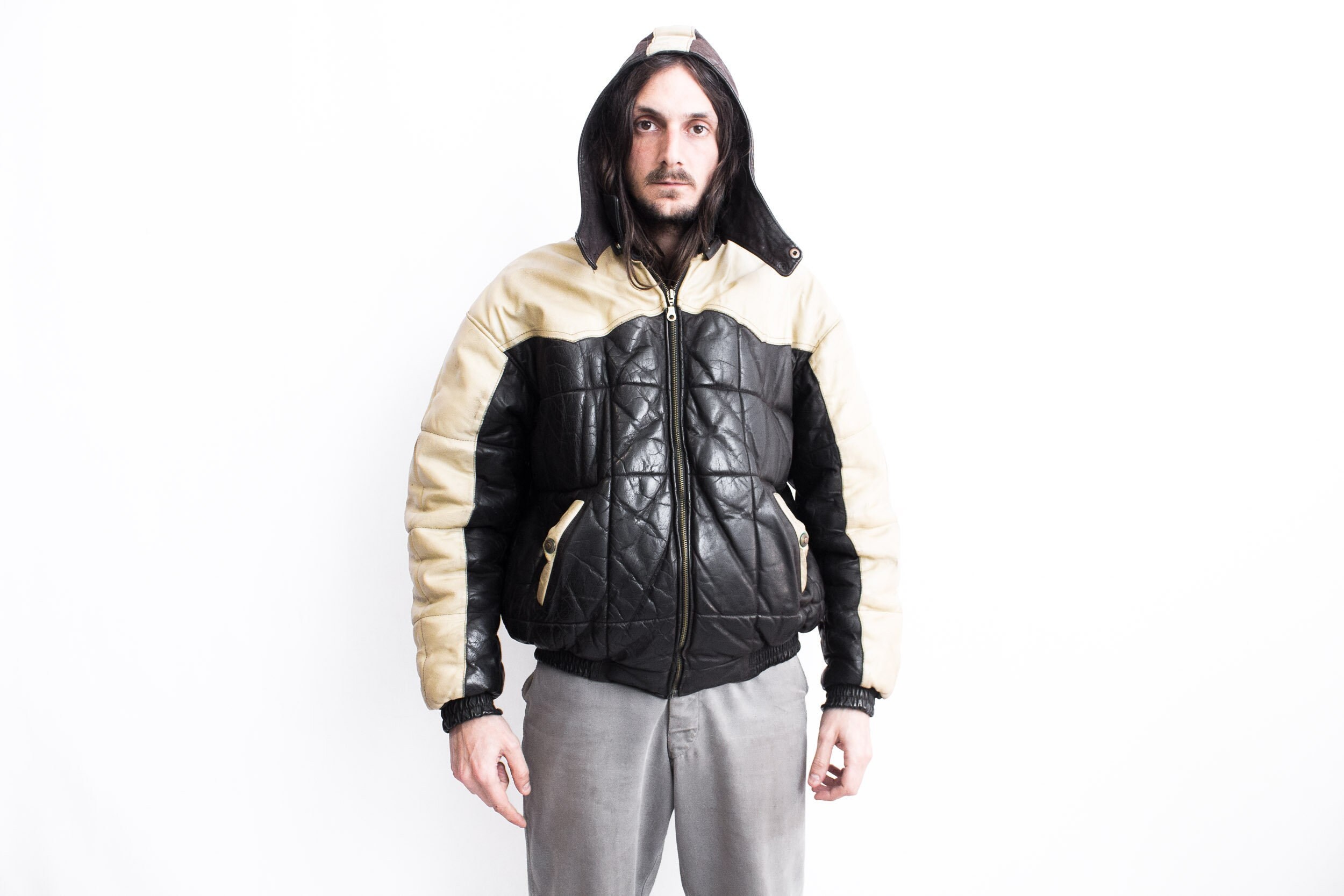 ジャケット・アウター 90s hooded leather puffer jacket Leather Puffer Jacket 1990s . Quilted Leather Jacket Hooded
