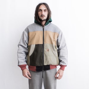 VINTAGE Customised Workwear Jacket 1990s . Workwear Remake Jacket Vintage Collage Patchwork Canvas
