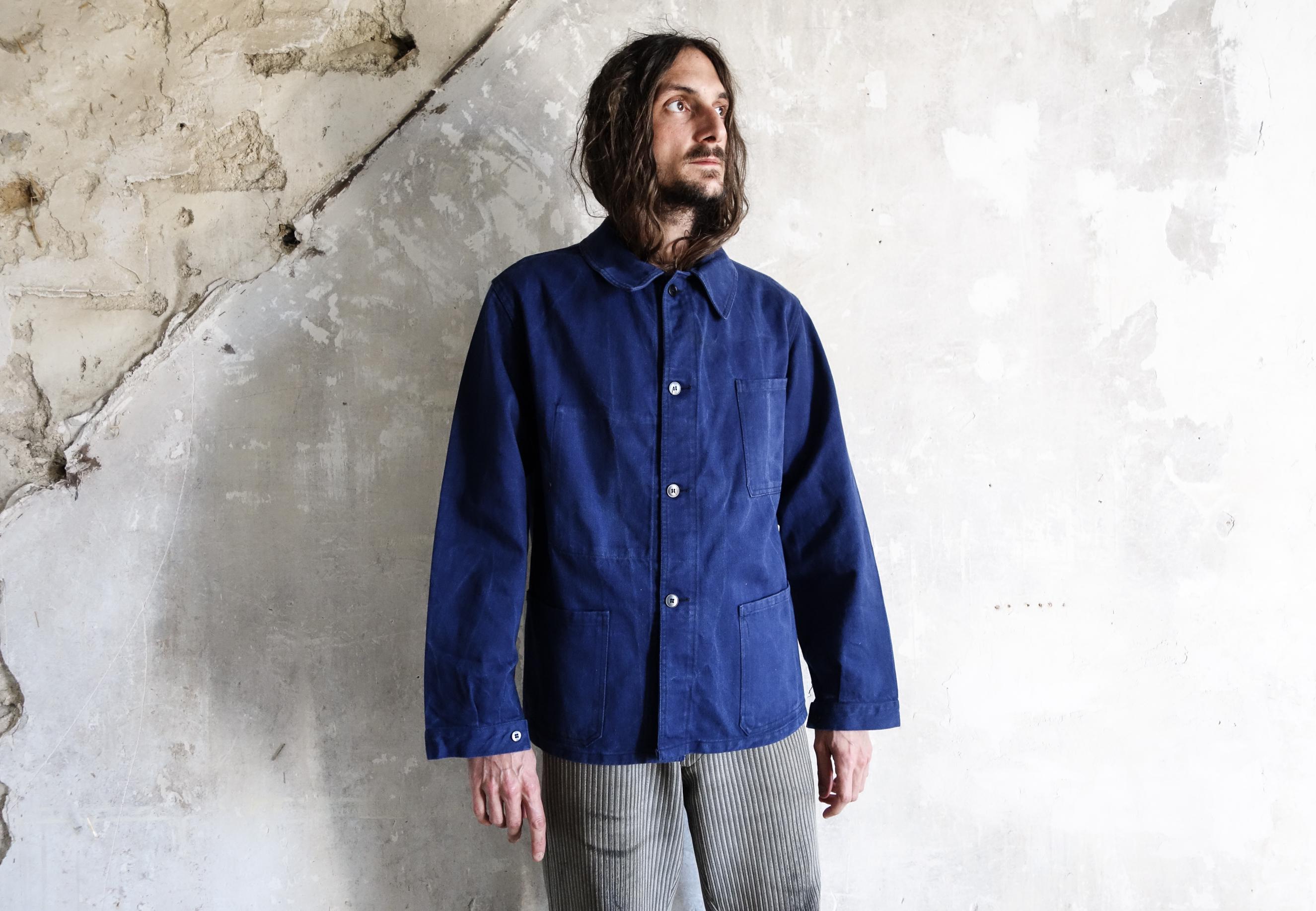 Vintage 1970s Blue French Work Jacket . French Workwear Boro Chore