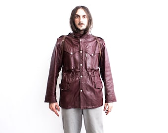 Vintage Hooded Leather Jacket 1980s . Red Cruiser Motorcycle Biker Jacket Removable Sleeves