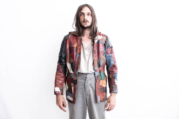 70s Patchwork Leather Jacket .  Fish Scale Hooded… - image 4
