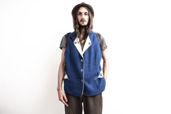 Bavarian Linen Vest . Sleeveless Jacket . Blue Okt