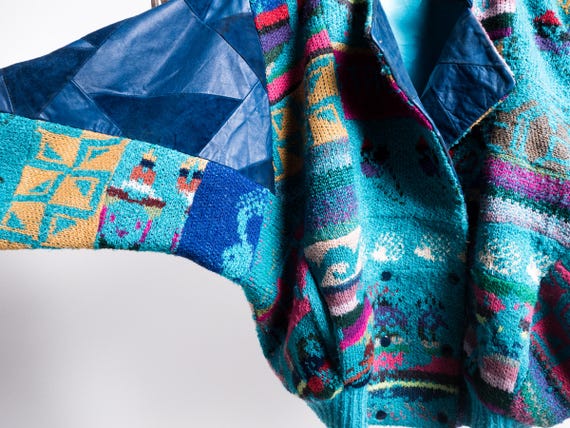 Turquoise Patchwork Tropical Wool Jacket 70s . Ba… - image 12