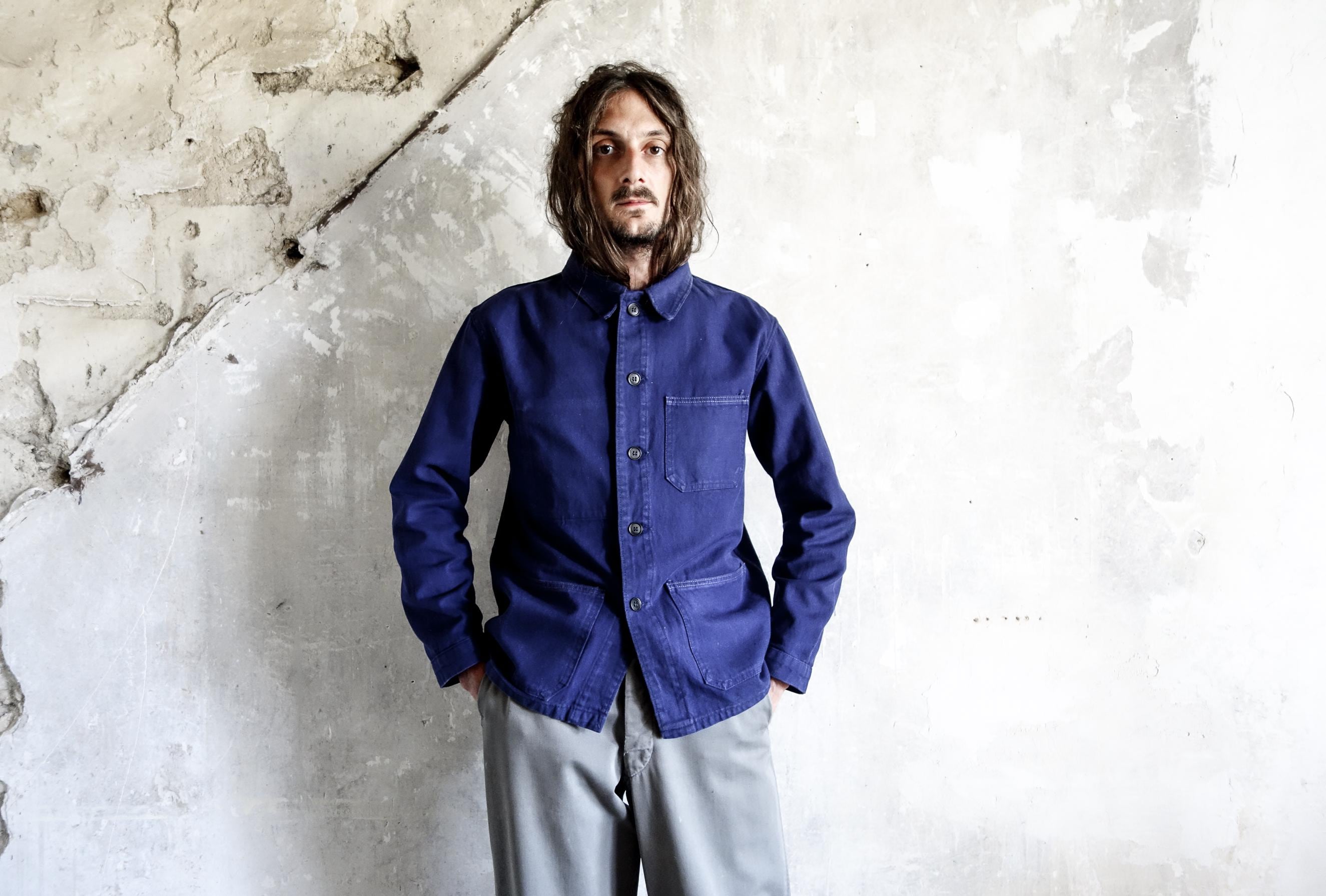 Vintage 1970s Blue French Work Jacket . French Workwear Boro