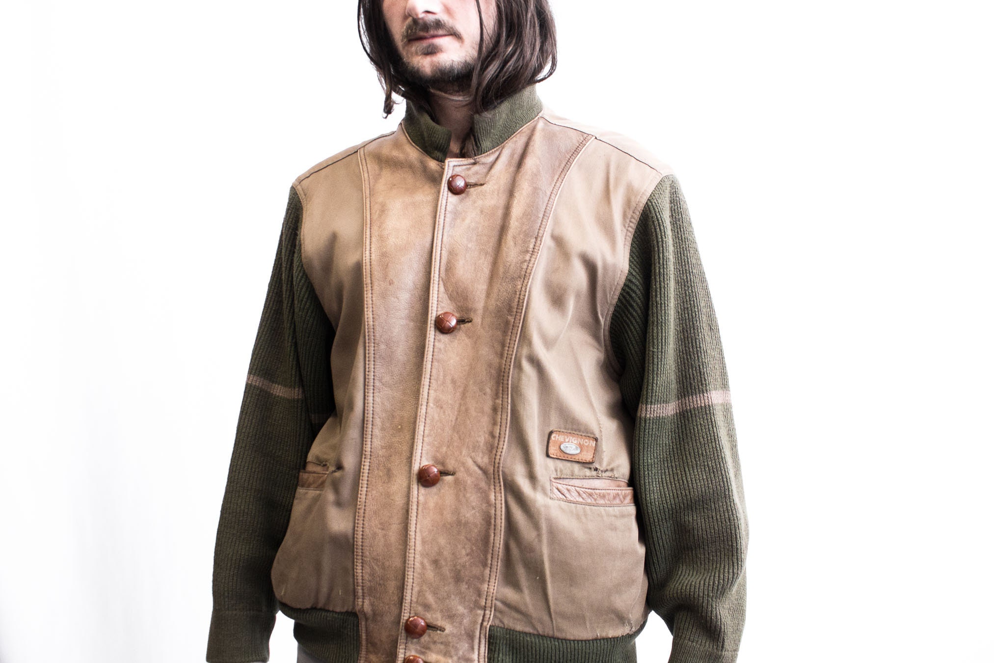 Blouson aviateur CHEVIGNON annees 1980 laine cuir coton cardigan Francais cuir vintage boutons Etsy Canada