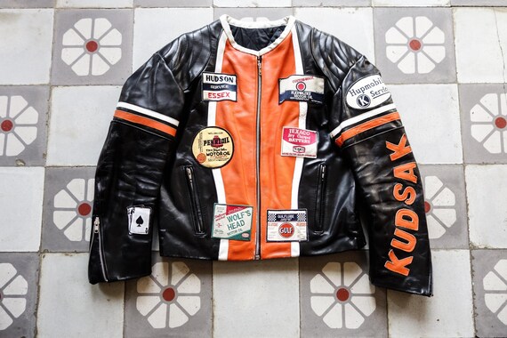 KUDSAK Biker Leather Jacket Two Tone 1980s. Cafe Racer Jacket