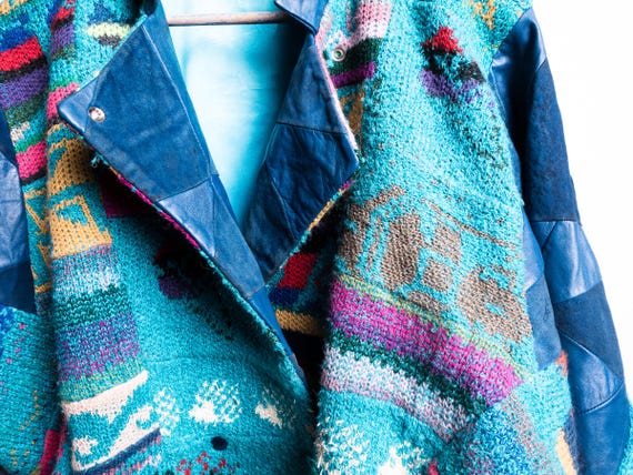 Turquoise Patchwork Tropical Wool Jacket 70s . Ba… - image 10