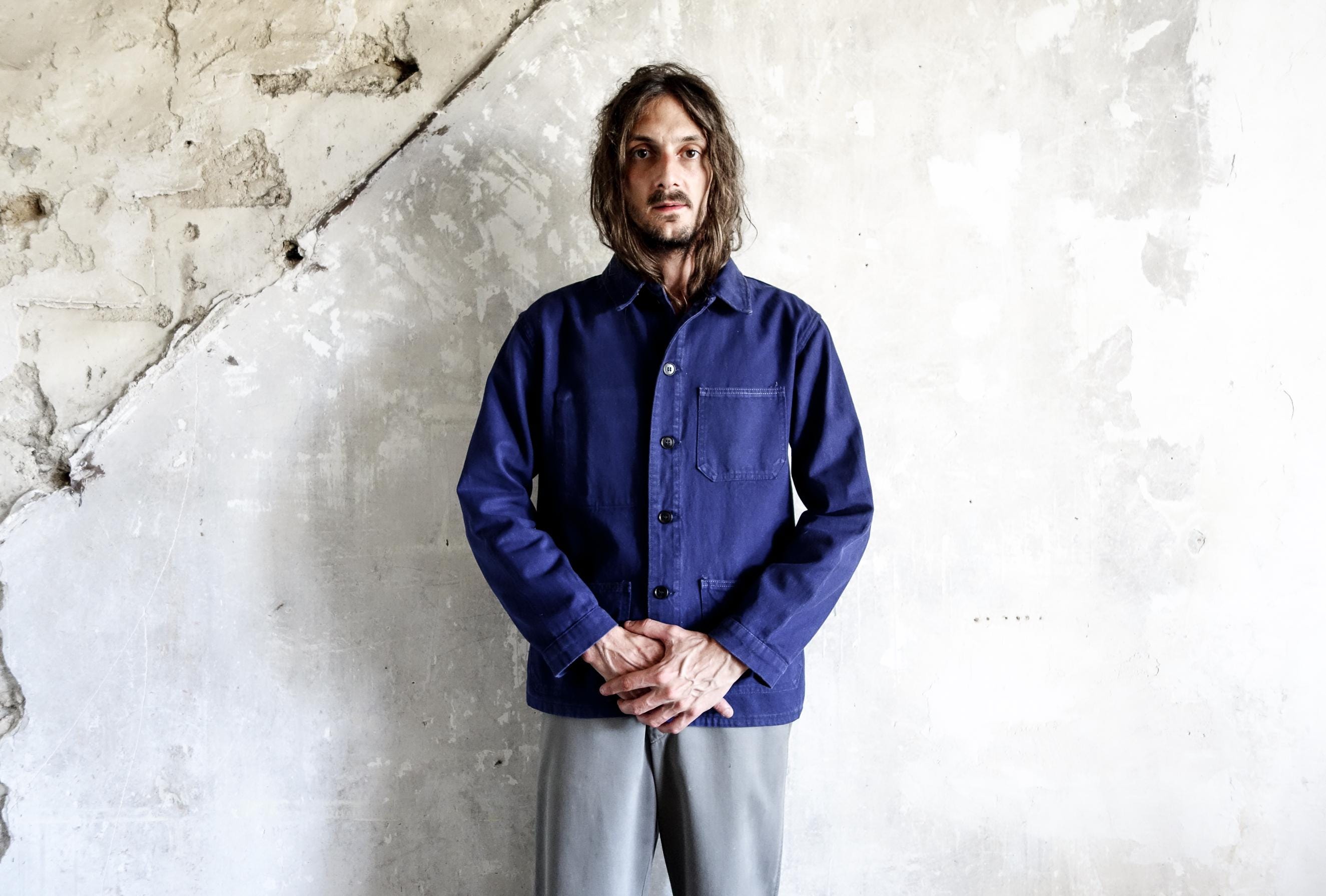 90s French ヴィンテージWork Atelier LOGO Coat Vintage 1970s Blue French Work Jacket . French Workwear Boro