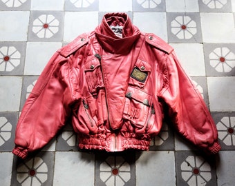 UNCLE SAM Coral BOXY Leather Bomber Jacket 1990s . Designer Vintage Nappa Leather