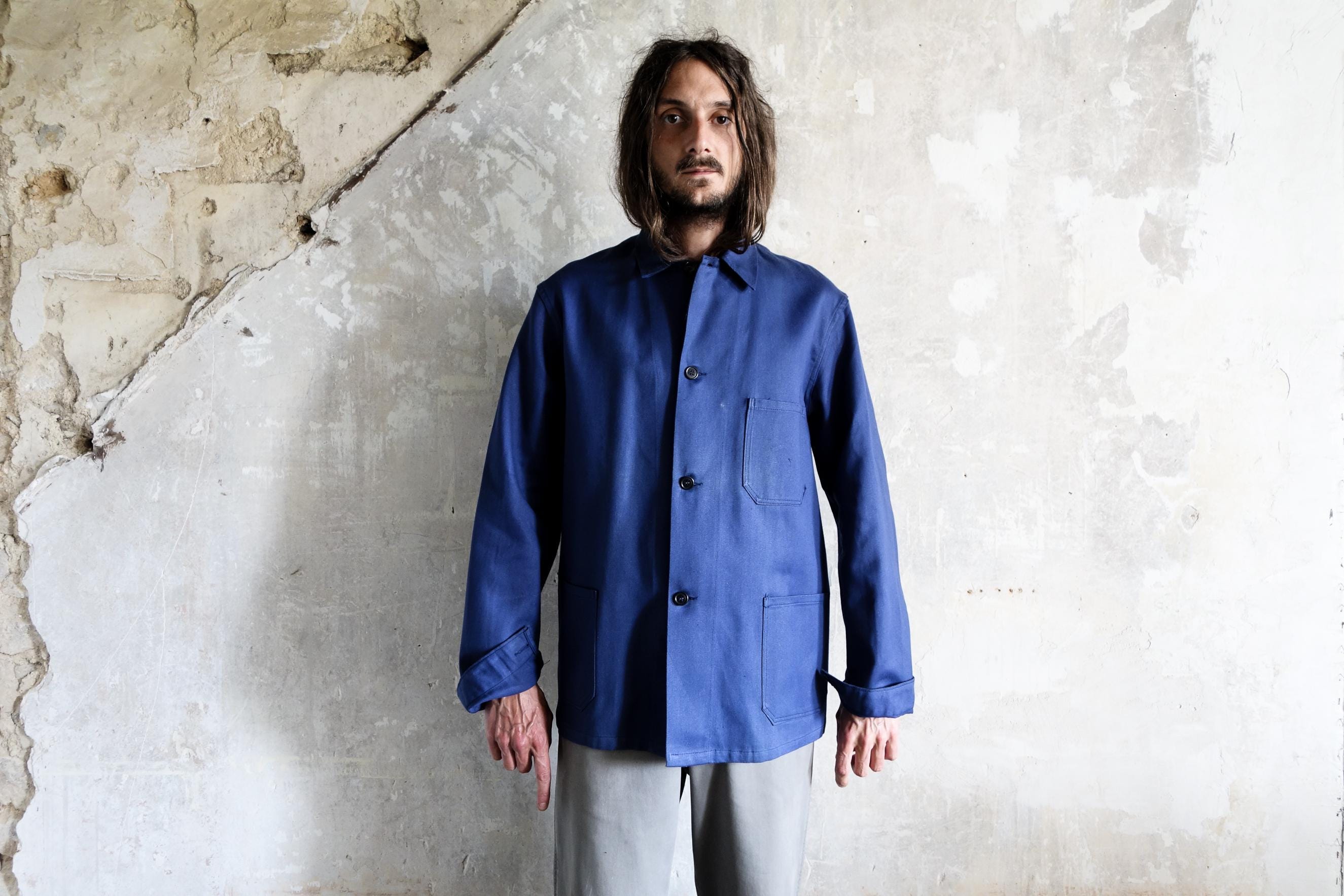 Old German 60s Blue Work Jacket*work Jacket, Colour-faded