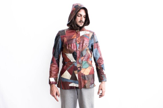 70s Patchwork Leather Jacket .  Fish Scale Hooded… - image 5