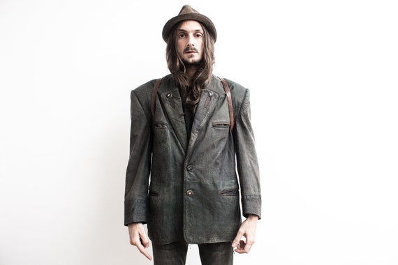 80s Bavarian Leather Jacket . Blazer Leather Austrian Jacket Trachten Folk Jacket