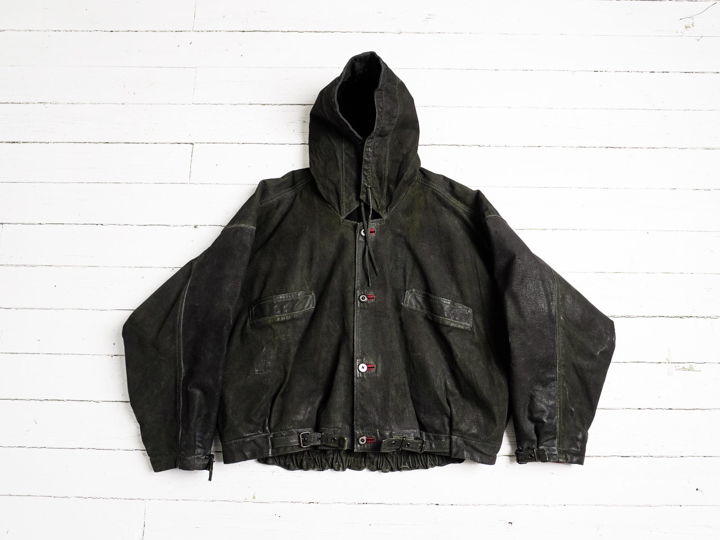 Marithé + François Girbaud, 1980s Marithé François Girbaud Compagnie des Montagnes et des Forêts Millésimes Hooded Cropped Leather Bomber / Oversized Batwing Jacket