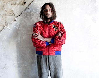 80s Quilted Puffer Bomber Jacket . Down Jacket Windbreaker Deep Red  .
