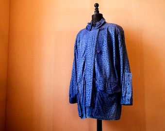 Blue Leather Coat 1980s . Embossed Leather Glamorous vintage Coat