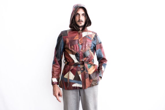 70s Patchwork Leather Jacket .  Fish Scale Hooded… - image 6