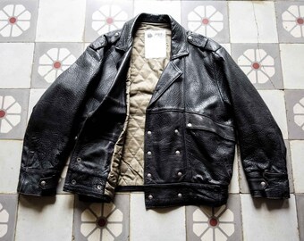 JAPA Blouson aviateur en cuir noir années 70. Veste motard en cuir moto A-2 Blouson aviateur G-1 . Veste Armée de l'Air